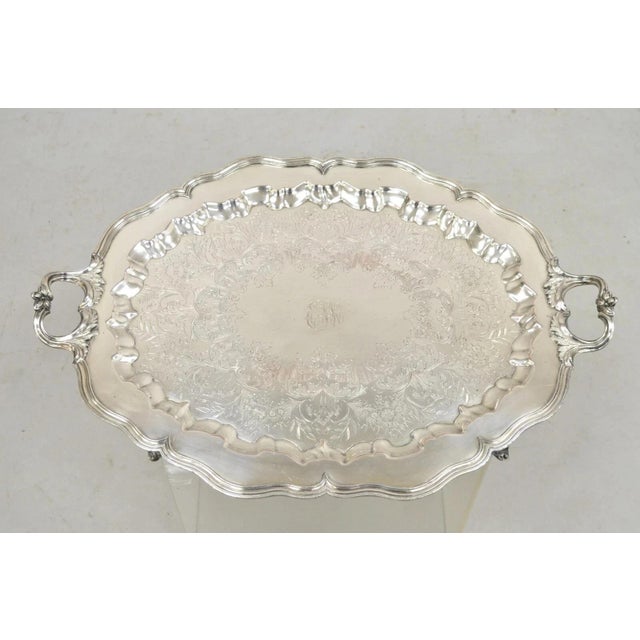 Vintage English Sheffield Victorian Style Silver Plated Oval Scalloped Serving Platter Bar Tray with Illegible Monogram to...