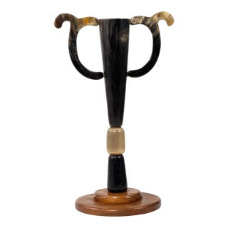 Antique Early 1900s Folk Art Handmade Cattle Horn Trophy Cup / Loving Cup W/ Mahogany Wood Base - 15.5" H For Sale