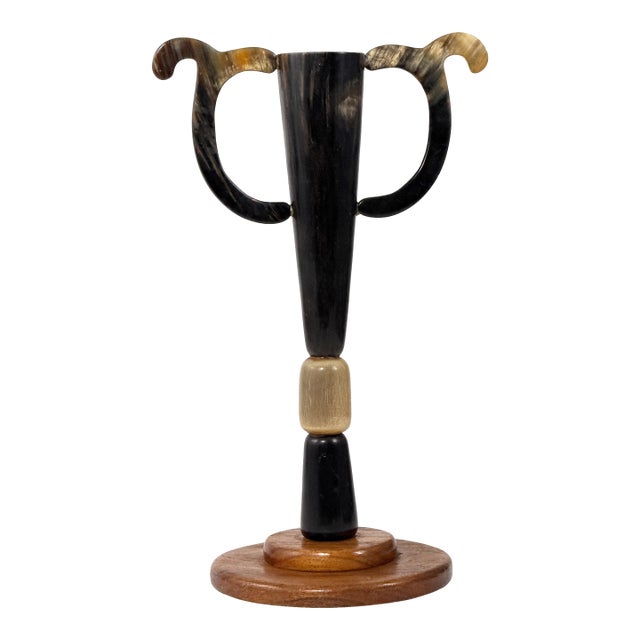 Antique Early 1900s Folk Art Handmade Cattle Horn Trophy Cup / Loving Cup W/ Mahogany Wood Base - 15.5" H For Sale