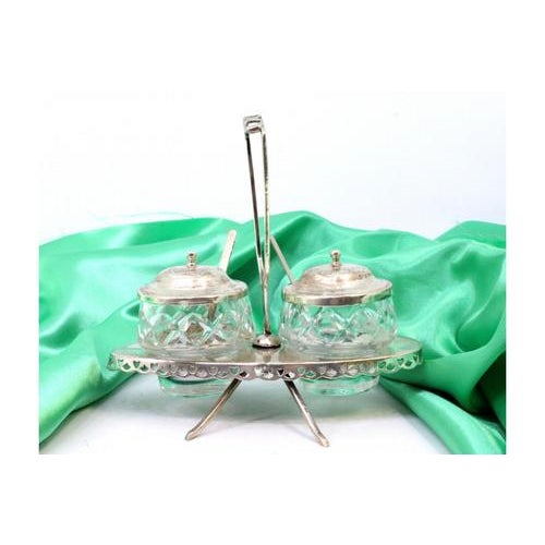 Salt and Pepper Shakers with Glass Cores, Cut-Out Structure, Silver Spoons and Lids, Set of 4 For Sale - Image 4 of 7