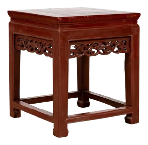 Vintage Chinese Side Table with Dark Red Patina and Foliage Hand Carved Apron