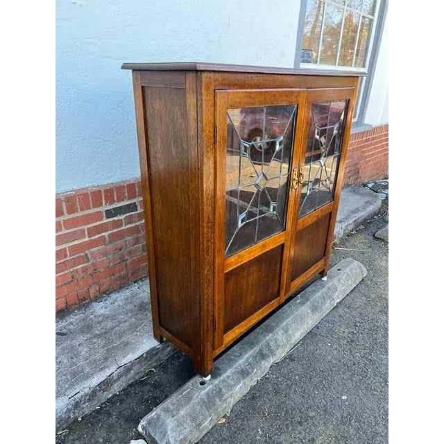Antique Early 20th Century Arts & Crafts Mission Style Leaded Glass Oak Bookcase For Sale - Image 4 of 11