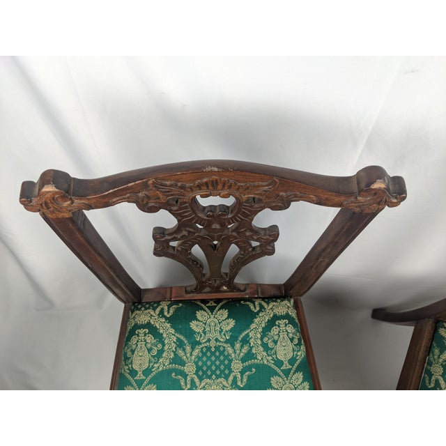 Pair of Antique Carved Wood Chippendale Style Side Chairs With Green Brocade Seats For Sale - Image 14 of 18