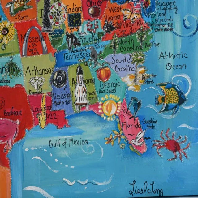 Late 20th Century Liesl Long's Mixed Media "United States Map" Canvas Art Print For Sale - Image 5 of 18