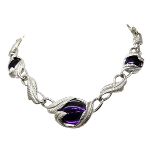 Vintage Signed Trifari Rhodium Plated Cabochon Faux-Amethyst Collar Necklace