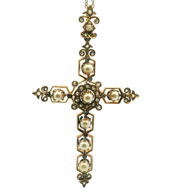 Victorian 14k Rose Gold Pearl & Old Mine Diamond Cross Pendant, C. 1890 For Sale - Image 11 of 13