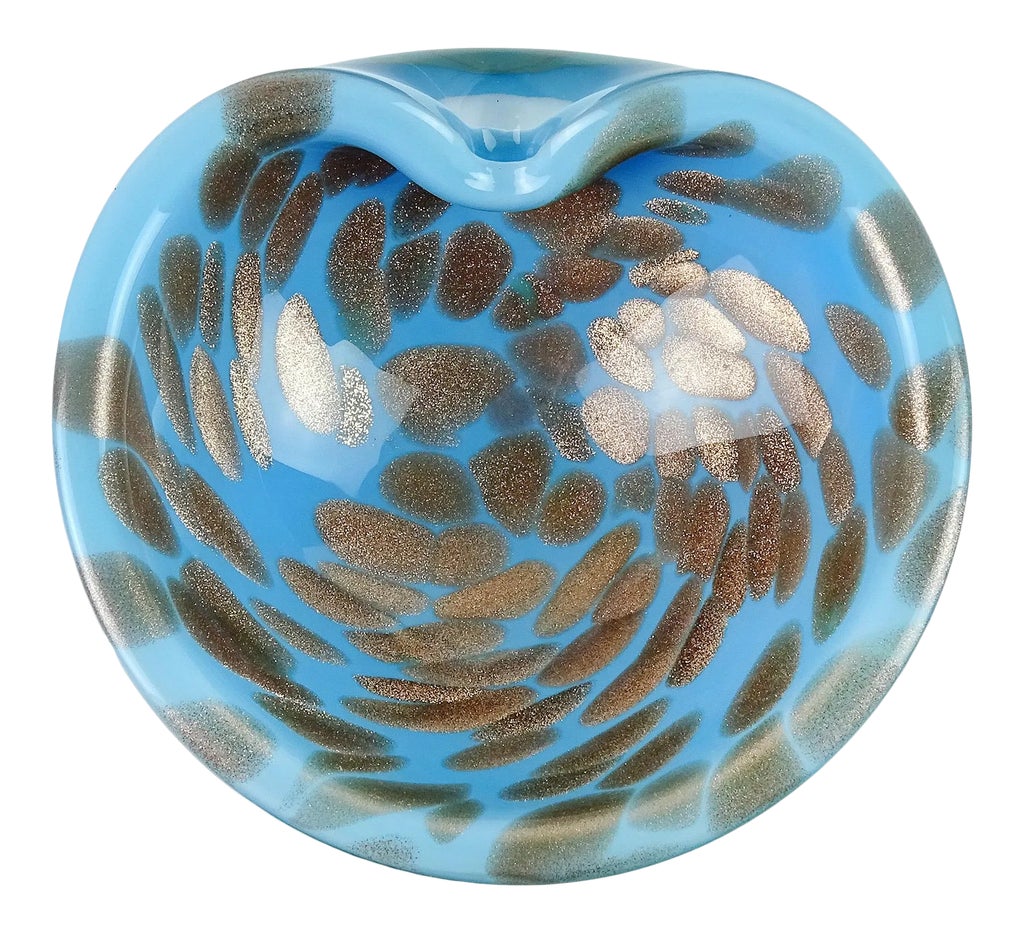 Mid Century Murano Copper Aventurine Dish Ashtray Oblong Copper‎ Sparkle Murano Vintage Sky Blue Copper Aventurine Flecks Pattern  main image 2