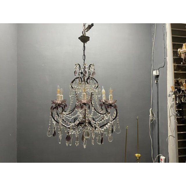 Vintage Italian Crystal Beaded Chandelier with Lilac Glass Bobeches, 1960s For Sale - Image 3 of 18