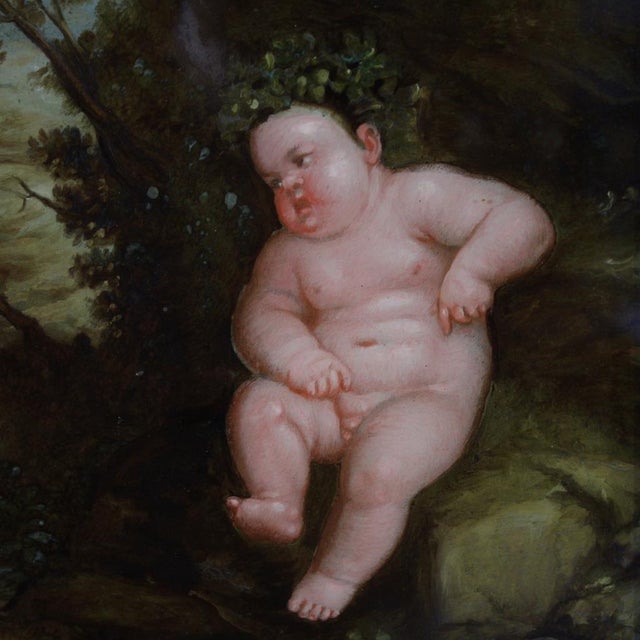Unknown, Bacchanal of Cherubs and Satyrs, 1680, Oil & Glass, Set of 2 For Sale - Image 8 of 16