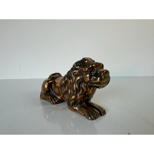 Metal Vintage Bronze Lying Lion Statue Figurine For Sale - Image 7 of 10