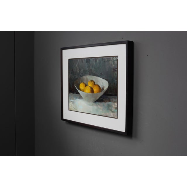 Gray Contemporary Quiet Lemons by Jon Doran | Oil on Panel Lemons in a White Bowl Still Life For Sale - Image 8 of 9