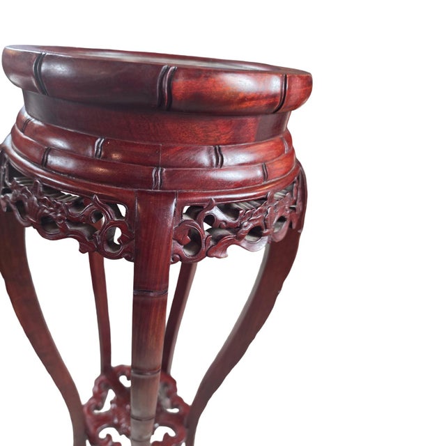 Chinese Vintage Chinese Carved Mahogany Marble-Top Pedestal Plant Stand For Sale - Image 3 of 10