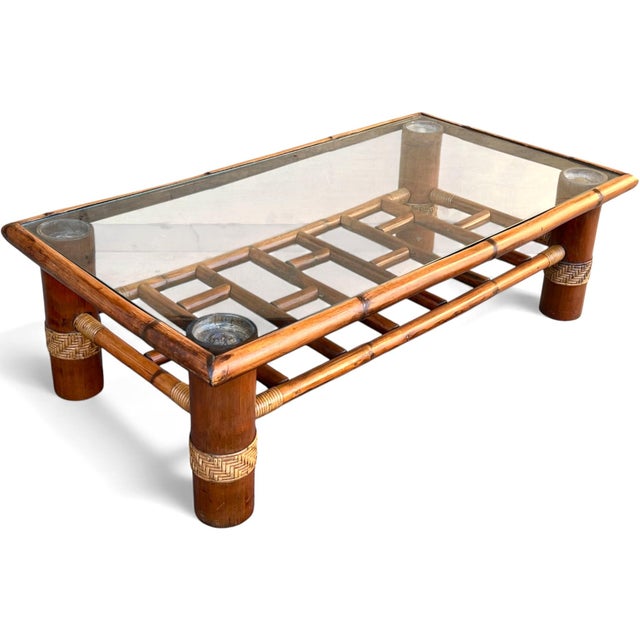 Vintage Coastal Bamboo Coffee Table W/ Glass Top & Rattan Wrapped Details For Sale - Image 4 of 10