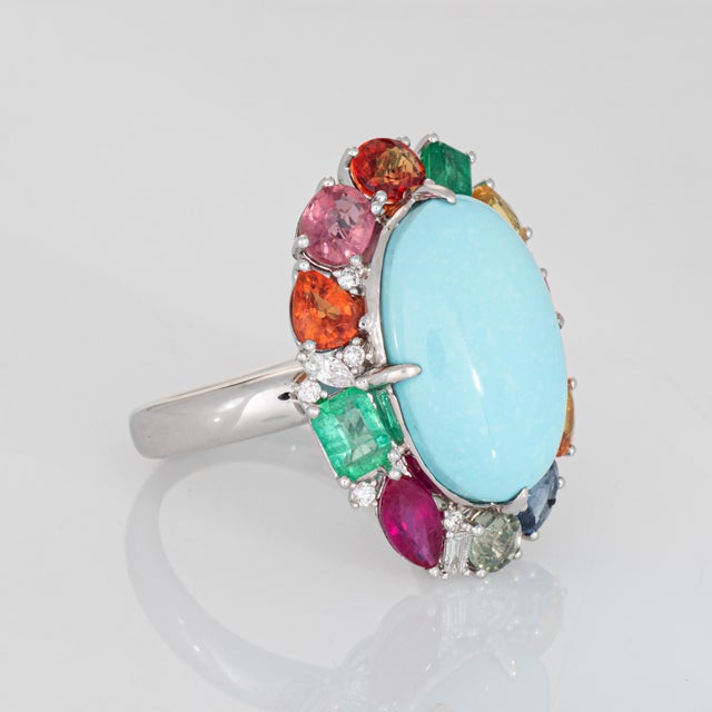 Contemporary Turquoise Rainbow Sapphire Ring Diamond 18k Gold Sz 7 Estate Cocktail Jewelry For Sale - Image 3 of 7