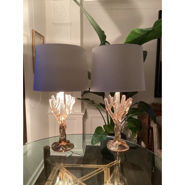 Late 20th Century Smoked Lucite Faux Bois Lamps With Silk Drum Shades - a Pair For Sale In Atlanta - Image 6 of 7