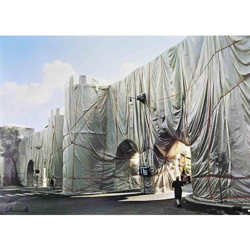 Wrapped Roman Wall is an original contemporary artwork realized by Christo. Black and white photolithograph. Hand signed...