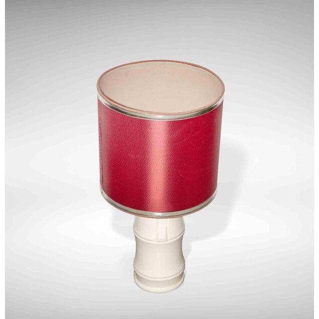 Vintage Bamboo Table Lamp in Ceramic and Brass with Red Shade, Italy, 1970s For Sale - Image 4 of 5