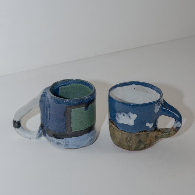 1990s Whimsical Pair of Rustic Studio Pottery Coffee Mugs, by Artist d.o.n. For Sale - Image 5 of 11