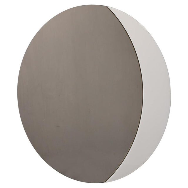 Large Italian Smoke-Tinted Round Mirror with White Geometric Segment, 1980s For Sale - Image 9 of 9