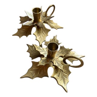 Brass Leaf Candlestick Holders -a Pair For Sale