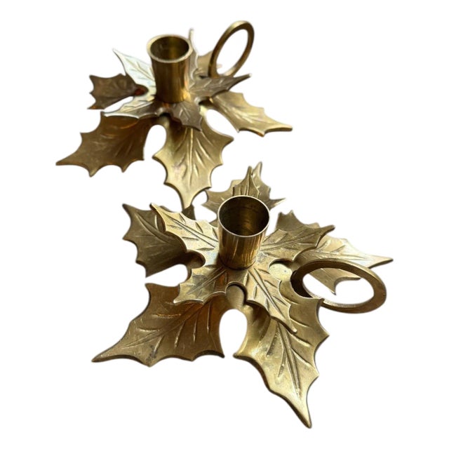 Brass Leaf Candlestick Holders -a Pair For Sale
