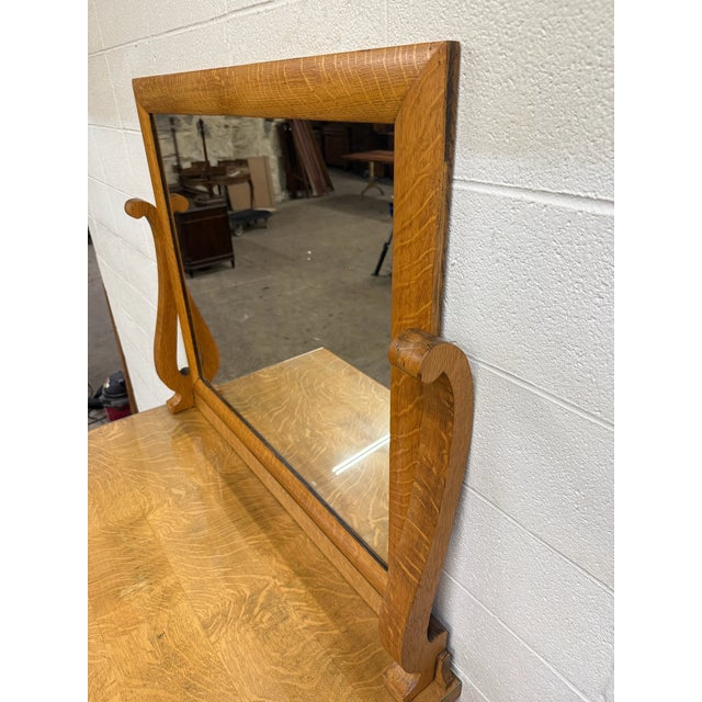 Wood Antique American Empire Revival Oak Lowboy Dresser Chest of Drawers With Mirror For Sale - Image 7 of 18