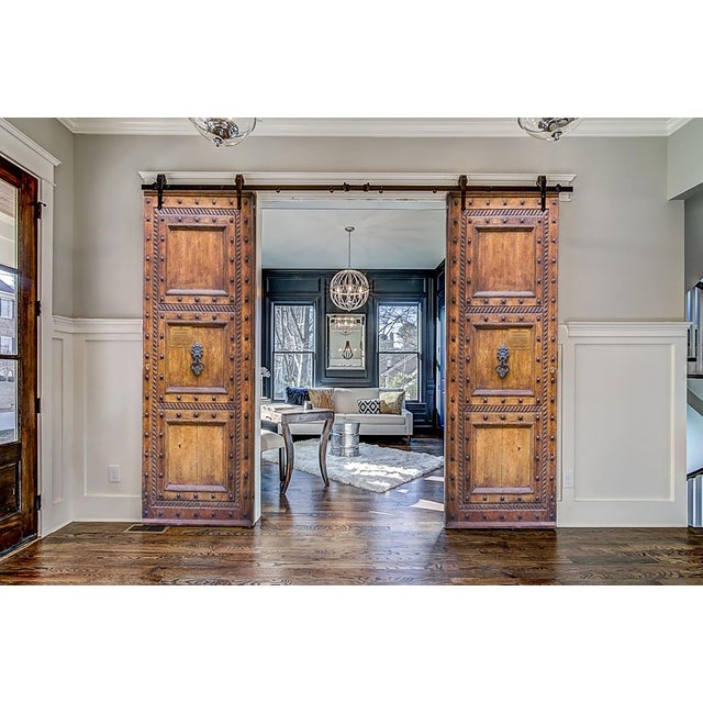 Brown Rustic Solid Wood Entry Door With Iron Studs & Raised Panel Design Clavo Accented Door For Sale - Image 8 of 11