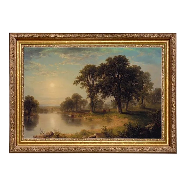 "Summer Afternoon" Contemporary Reproduction Print on Canvas After Asher Durand, Framed 36x26 For Sale