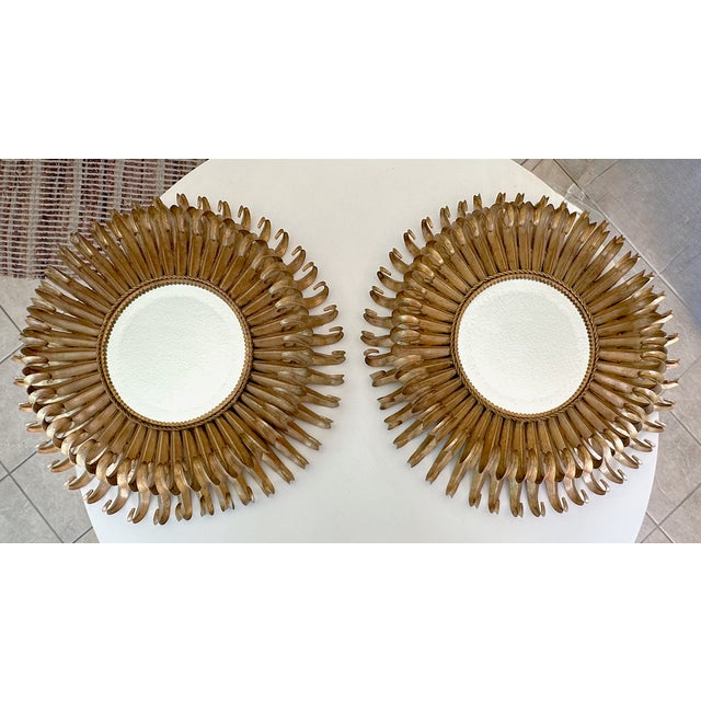 Late 20th Century Pair Gilt Metal Eyelash Sunburst Convex Wall Mirrors For Sale - Image 5 of 18
