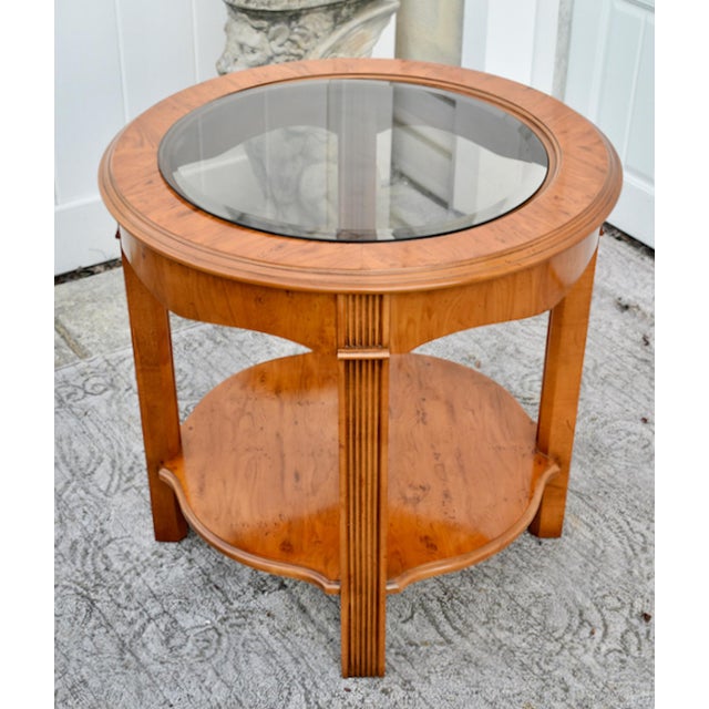 Drexel Heritage Yew Wood End Table Vintage Regency Burl Round Side Glass Top 24” For Sale - Image 9 of 13