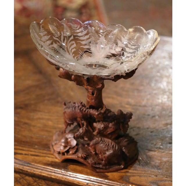 19th Century Swiss Black Forest Carved Walnut and Etched Crystal Centerpiece For Sale - Image 4 of 13