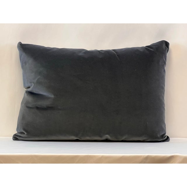Custom-tailored rectangular 23”x17” pillow in Fabricut “Buvette Diamond “ color Ironmist. Back in dark grey velvet. Hidden...