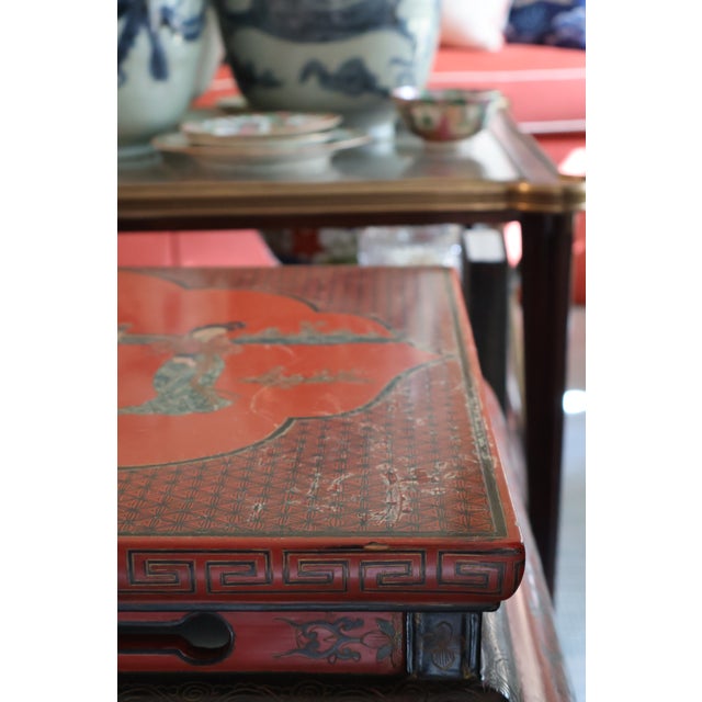 Vintage Far Eastern Furnishings Chinese Red Lacquer Court-Ladies Low Table Bench For Sale - Image 14 of 18