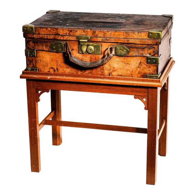 Stately Antique English Leather Ammunition Case 19th Century Wood Stand For Sale