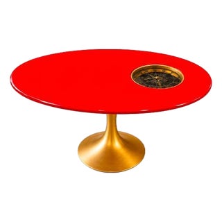 Custom Red & Gold Epoxy Resin Clock Table With Sculptural Pedestal Base For Sale