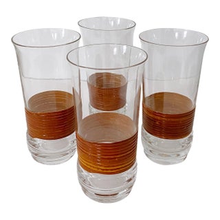 Vintage Mid-Century Modern Rattan Wrapped High Ball Glasses - Set of 4 For Sale
