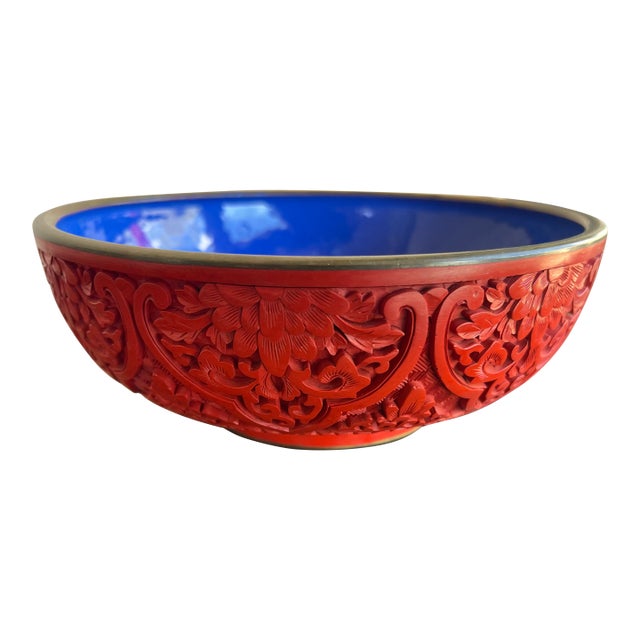 Vintage Chinese Red Cinnabar Lacquerware With Brass Rim Round Floral Bowl For Sale