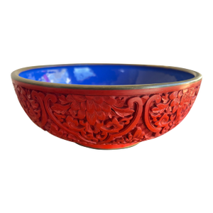 Vintage Chinese Red Cinnabar Lacquerware With Brass Rim Round Floral Bowl
