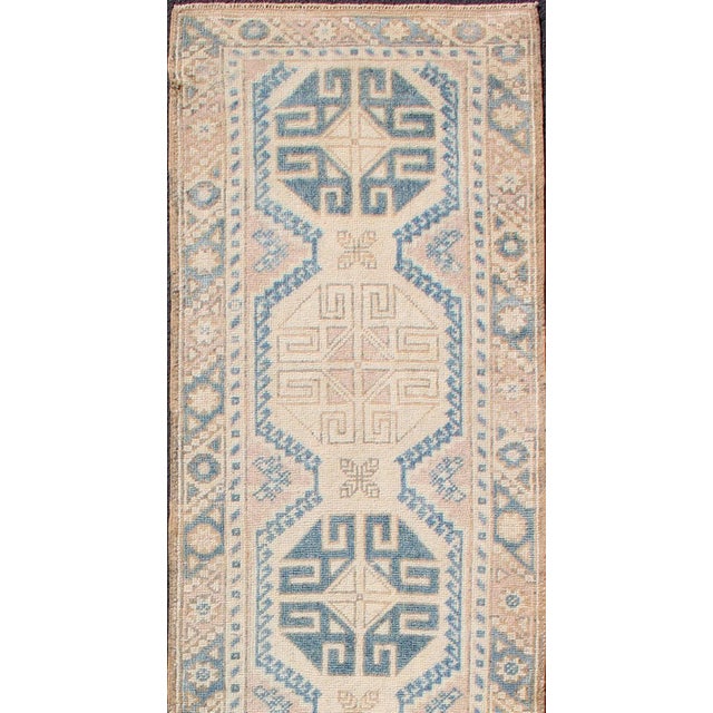 Mid 20th Century Vintage Turkish Oushak Runner in Soft Blue and Warm Beige Tones For Sale - Image 5 of 10