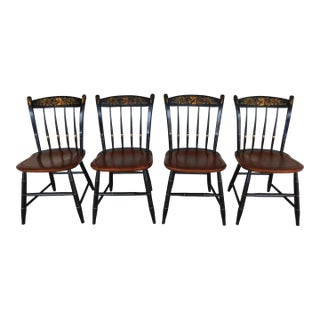 L Hitchcock Black and Antique Maple Seat Stenciled Arrow Back Chairs - Set of 4 For Sale