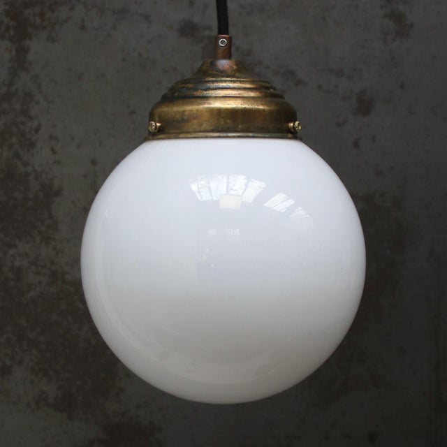 Mid-Century Modern White Opaline Glass and Brass Globe Pendant Light For Sale - Image 3 of 8