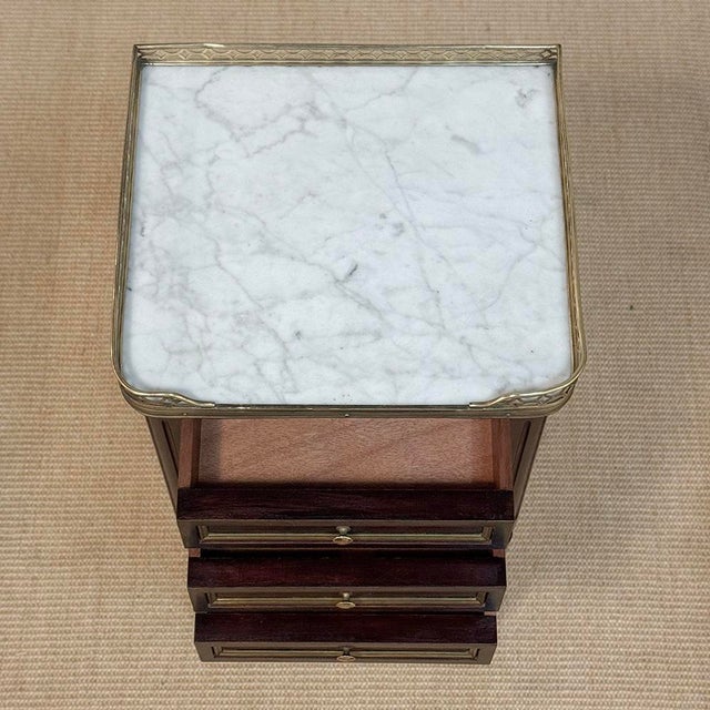 Pair Mid-Century Louis XVI Mahogany End Tables With Carrara Marble For Sale - Image 14 of 16