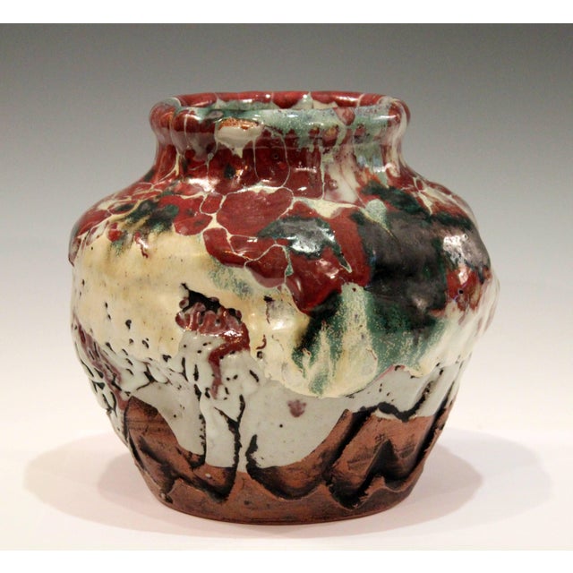 Brown Awaji Pottery Manipulated Jar With Crawling Lava Glaze For Sale - Image 8 of 10
