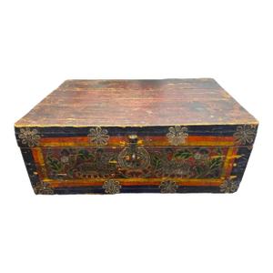 Antique Painted Wooden Tibetan Trunk 18th Century