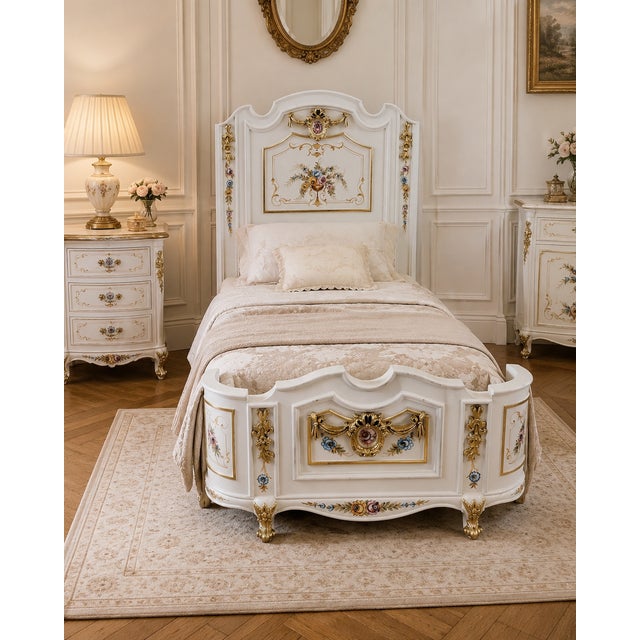 A rare matching pair of handmade French bed frames from 1950, beautifully designed in the Louis XVI corbeille style and...
