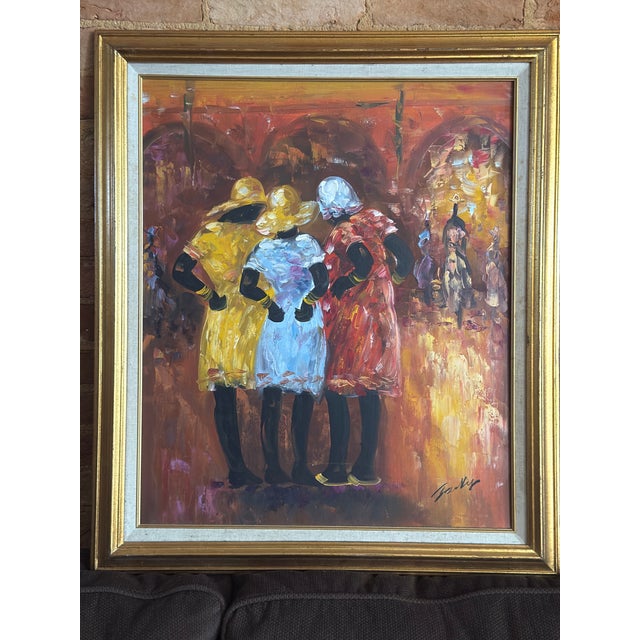 1980s "The Gathering" Signed Vibrant Vintage Mid-Century Impressionist Oil on Canvas Painting For Sale - Image 4 of 11