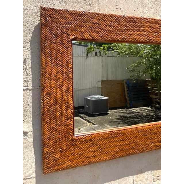 Late 20th Century Vintage Coastal Chevron Weave Rattan Horizontal Mirror For Sale - Image 5 of 5