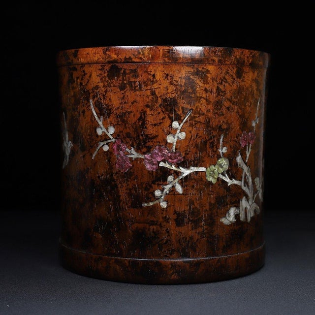 Chinese Vintage Chinese Huali Rosewood Brush Pot | Mother-of-Pearl Inlaid Bird & Flower Motif For Sale - Image 3 of 10