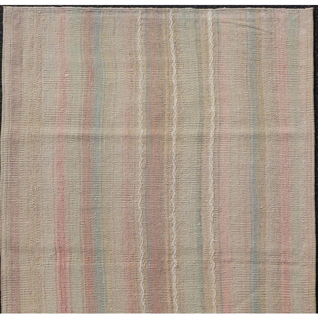 Vintage Turkish Kilim Rug With Soft Pastel Stripes in Sand, Sage, and Blue For Sale In Atlanta - Image 6 of 10