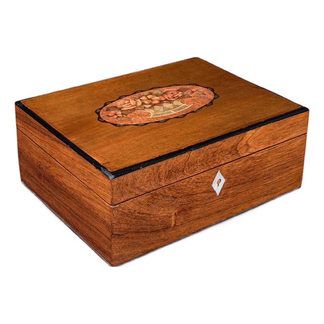 Antique Sorrentoware Keepsake Box, Italian Walnut Dressing Table Case, Victorian For Sale